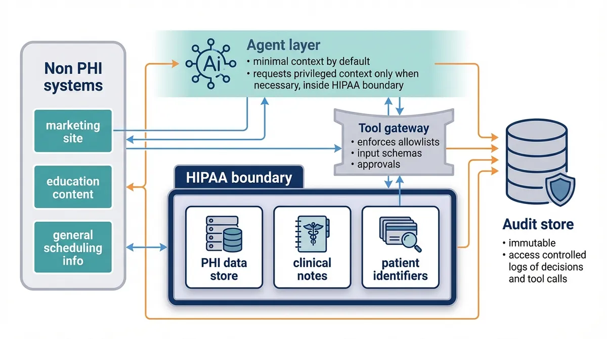 Reference architecture: non-PHI systems, an agent layer, a tool gateway, the HIPAA boundary and an immutable audit store