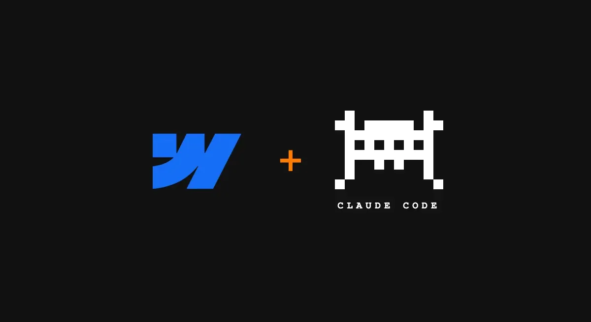Webflow logo, a plus sign, a pixel crab and CLAUDE CODE in pixel type