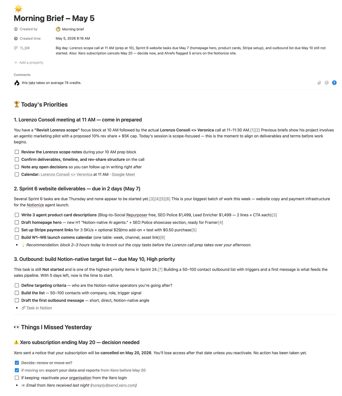 Weekly SEO audit results produced by a Notion AI agent