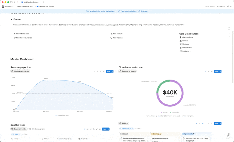 Project templates in Notion with client and internal tasks kept separate