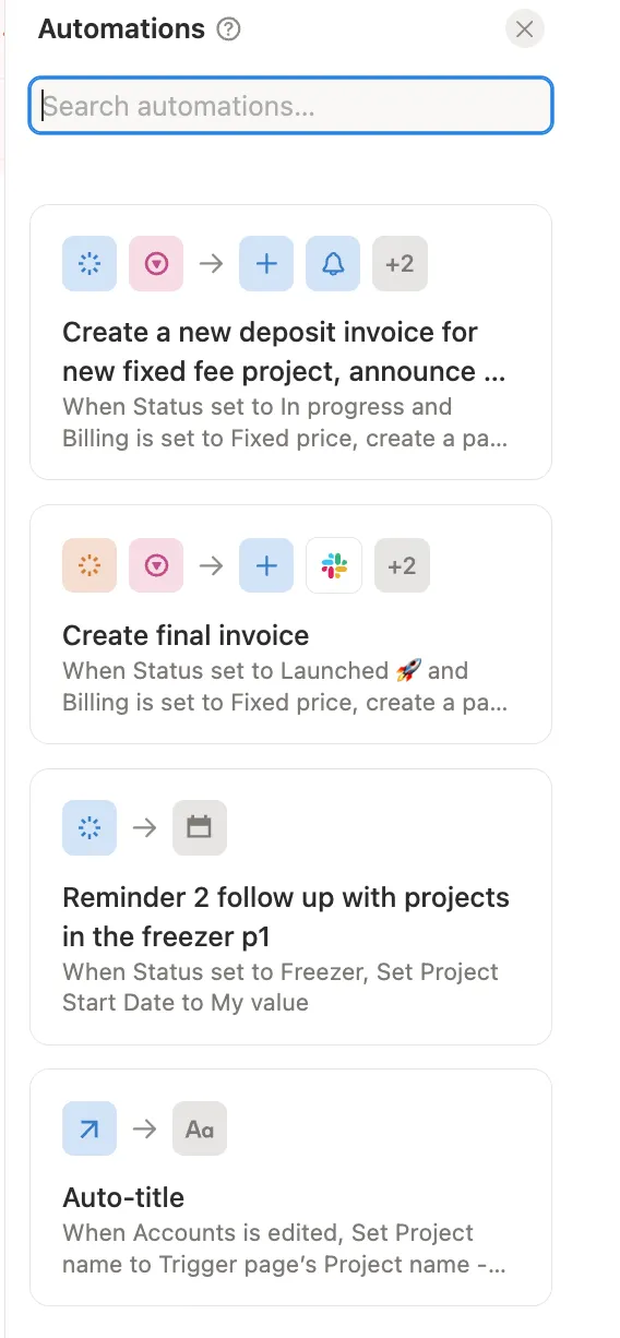 Notion automations that create deposit and final invoices, follow-up reminders and project titles
